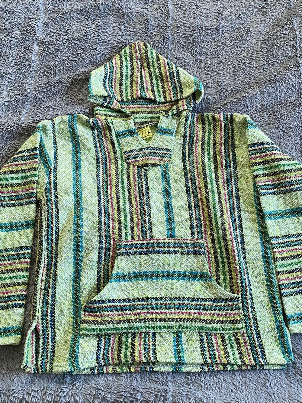 Striped Light Green & Multi Colored Hooded Poncho